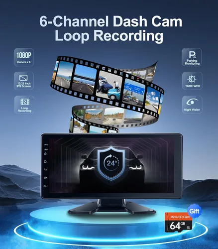 Miniatura 3 de Sistema de cámara de respaldo de 6 canales 1080P Dash Cam con pantalla táctil de 10.33 pulgadas, monitor de estacionamiento, cámara de respaldo