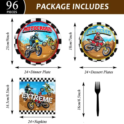 Miniatura 2 de 96 piezas de vajilla para fiesta de motocross de bicicletas de tierra - Sirve para 24, incluye platos, servilletas, decoración para cumpleaños