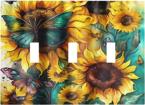 Miniatura 74 de Cubiertas de salida de girasoles amarillos, mariposas verdes y verde azulado de 1 banda, cubierta de interruptor de luz dúplex de 1 banda, placa