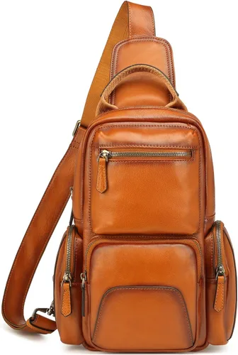 Lieseh Bolso bandolera de cuero genuino para hombre, bandolera para hombro, pecho, mochila de viaje al aire libre