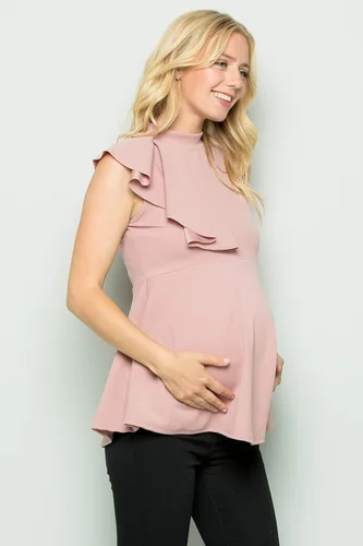Miniatura 5 de My Bump Camiseta de maternidad con volantes laterales en cascada, cuello alto falso (fabricado en Estados Unidos)