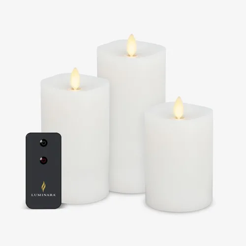 Luminara Juego de 3 velas LED realistas sin llama, color blanco, funciona con pilas con control remoto, temporizador de pilar de llama móvil,