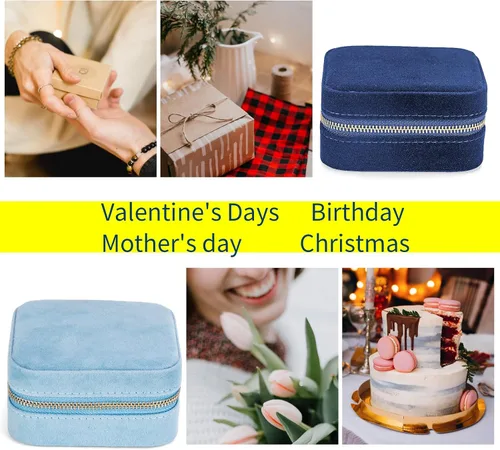 Miniatura 6 de Joyero de terciopelo de viaje con espejo, mini estuche de regalo para mujeres y niñas, pequeñas cajas organizadoras portátiles para anillos, aretes