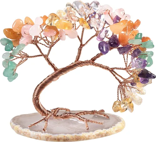 Miniatura 9 de Nupuyai Árbol de dinero de cristal curativo de alambre de cobre de 3-4 pulgadas para la buena suerte, base de rodajas de ágata bonsái, decoración