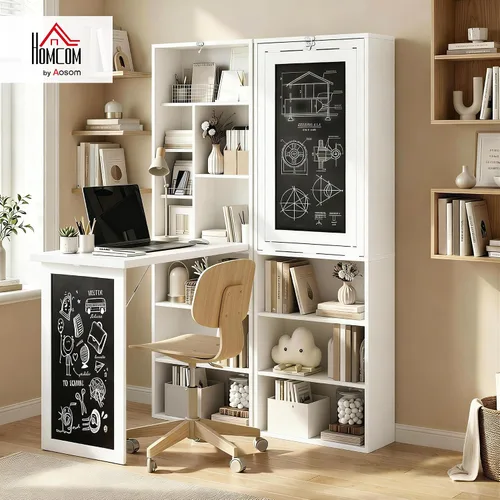 Miniatura 2 de HOMCOM Escritorio plegable convertible con pizarra, escritorio de computadora montado en la pared que ahorra espacio con estantes de almacenamiento