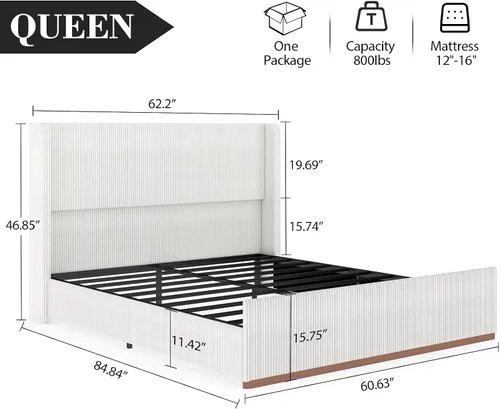 Miniatura 2 de Doltoro Base de cama tapizada tamaño Queen, plataforma de pana suave con cabecera de lujo con alas de 47 pulgadas, soporte de listones de acero