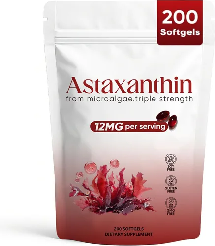 Astaxantina 12 mg, suplementos antioxidantes de astaxantina para inmune, ojos, soporte de piel, sin OMG y sin gluten, 200 cápsulas blandas
