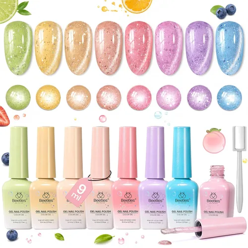 Miniatura 14 de Beetles - Juego de esmaltes de uñas de gel Jelly de 6 colores, tonos nude, rosa, marrón, con brillo y efecto de glitter, kit de esmaltes de gel