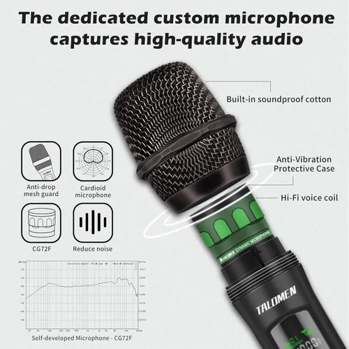 Miniatura 4 de talomen Micrófonos inalámbricos, micrófono dual profesional de karaoke para cantar, sistema de micrófono dinámico inalámbrico de mano con receptor