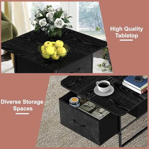 Miniatura 6 de Shinoske Mesa auxiliar cuadrada con cajón de almacenamiento, pequeñas mesas de centro negras para sala de estar, mesa central de granja de 2 niveles