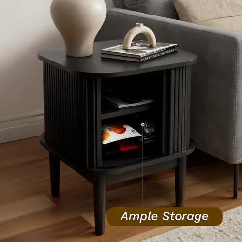 Miniatura 5 de Juego de 2 mesitas de noche estriadas con puertas correderas, moderna mesita de noche con patas de madera maciza, mesita de noche de madera