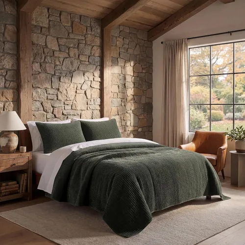 Miniatura 2 de HiEnd Accents - Edredón de terciopelo de algodón lavado a la piedra, tamaño Queen, color verde helecho, ropa de cama clásica tradicional de lujo