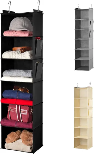 Miniatura 8 de Handy Laundry Organizador colgante para armario, 6 estantes para ropa, suéteres, zapatos y accesorios, estantes de armario que ahorran espacio