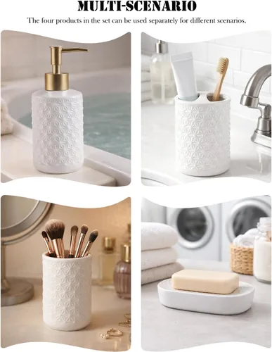 Miniatura 3 de Juego de accesorios de baño de cerámica, paquete de 4 conjuntos de baño para baño, incluye 1 dispensador de loción, 1 soporte para cepillo