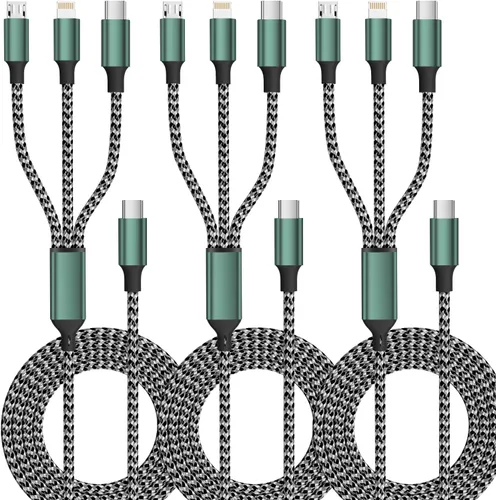 Cable de carga múltiple USB C, (3 paquetes 4 pies), cable de carga universal de 3 en 1 con trenza de nylon, tipo C, Micro USB, puerto IP para iPhone