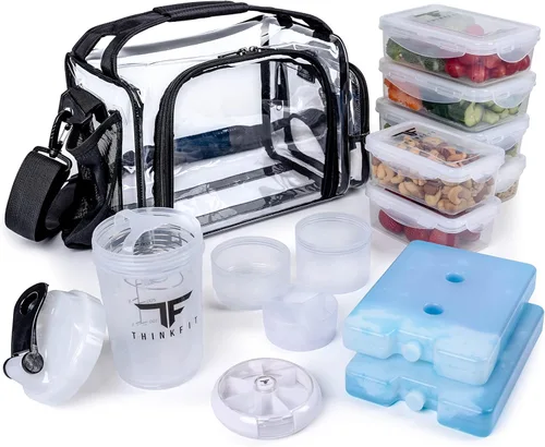 ThinkFit Bolsa de almuerzo transparente con 6 recipientes para preparación de comidas - Sin BPA, reutilizable, apta para microondas + congelador -