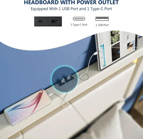 Miniatura 5 de Base de cama Queen con cabecera ajustable, plataforma tapizada con luces LED RGB, 4 cajones de almacenamiento y estación de carga (1 USB 1 tipo C)