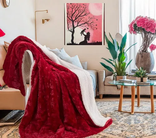 Miniatura 8 de DaDa Bedding Manta de Tiro Romántica de Piel Sintética Roja para San Valentín - Corazones Encantadores Mullidos Felpa Sherpa en el Reverso con Forro