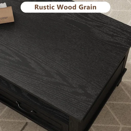 Miniatura 7 de GarveeHome - Mesa de café de estilo granja con cajones, mesa de centro rústica de 47.2 pulgadas, mesa de sala de estar negra, con estante abierto