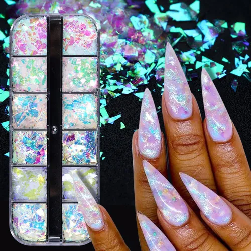 Arte de uñas holográfico de sirena, lentejuelas con purpurina en polvo, piezas irregulares celofán fluorescente, piezas iridiscentes con purpurina