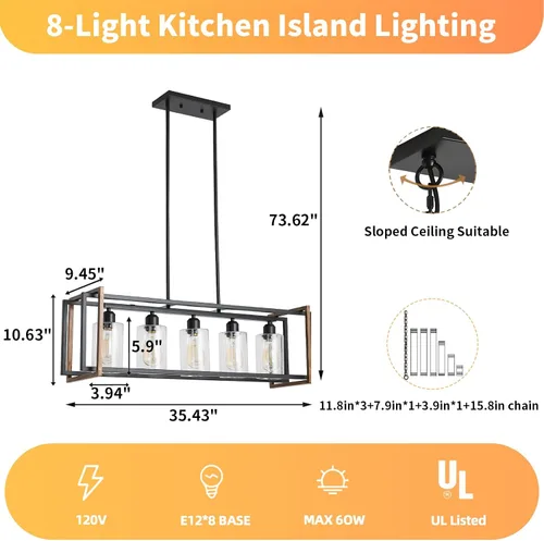 Miniatura 3 de Lámpara de comedor, lámparas negras de 5 luces para comedor, iluminación de isla de cocina de granja, luces colgantes para isla de cocina, lámpara