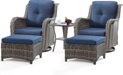 Miniatura 59 de Juego de 2 sillas de patio giratorias de 360 grados para exteriores y mesa auxiliar a juego – 3 sillas deslizantes de mimbre para patio con cojines