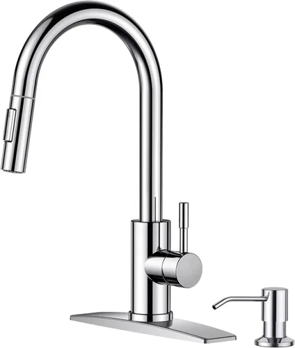 Miniatura 15 de FORIOUS Grifo de cocina con rociador desplegable, níquel cepillado, arco alto, moderno, clásico, grifo de fregadero de acero inoxidable con placa