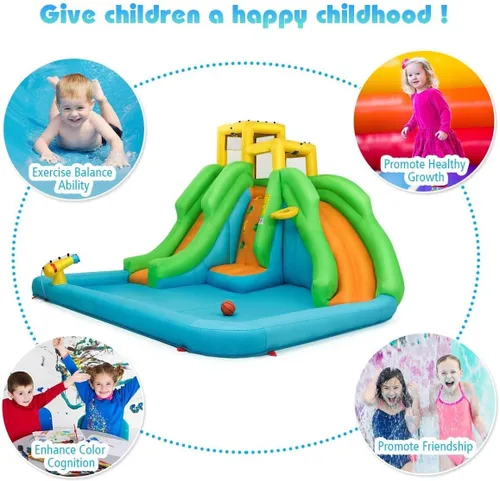 Miniatura 5 de OLAKIDS Tobogán acuático inflable, casa de rebote 6 en 1 con 2 toboganes, pared de escalada, piscina de salpicaduras, borde de baloncesto, pistola