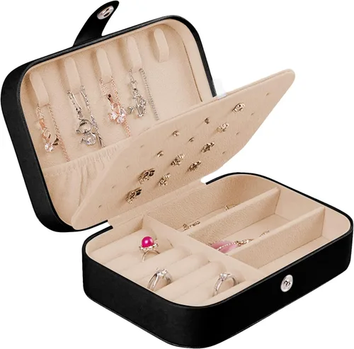 Joyero organizador, 2 capas de poliuretano organizador de joyas de viaje, caja de joyería portátil para niñas y mujeres, caja de almacenamiento de
