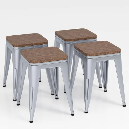 Miniatura 10 de Andeworld Juego de 4 taburetes de 18 pulgadas, sillas de comedor de metal industrial con asiento de madera, taburetes cortos de cocina apilables 18