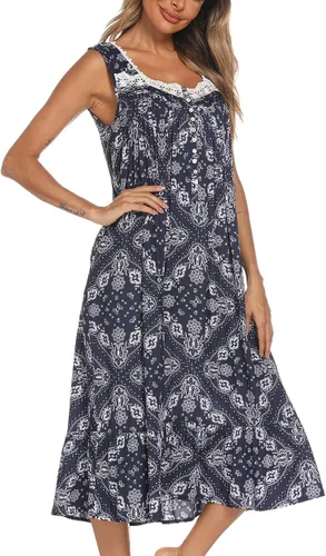 Miniatura 2 de AVIIER - Camisones de algodón para mujer, sin mangas, vestido largo con bolsillos para estar en casa, S-XXL