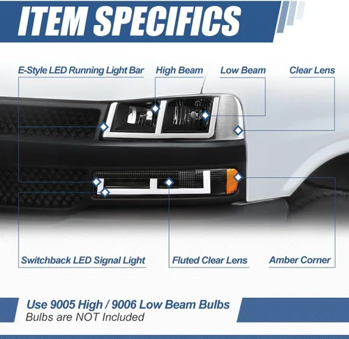 Miniatura 2 de Ensamble de faros Auto Dynasty y luces de parachoques compatibles con Chevy Express GMC Savana 1500-4500 de 2003-2024, con luces DRL E-LED