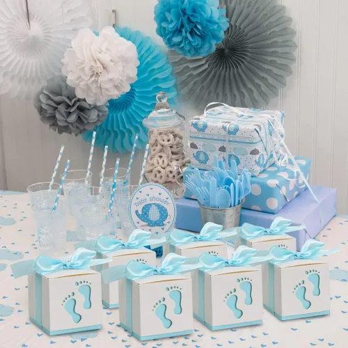 Miniatura 5 de BEISHIDA Cajas de regalo para baby shower, cajas de dulces con huellas azules con cintas para fiesta de revelación de género de bebés y niños