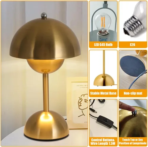 Miniatura 5 de Lámpara de mesa con control táctil, lámpara de seta dorada regulable, luz nocturna para dormitorio, sala de estar, estudio, cafetería, oficina, luz
