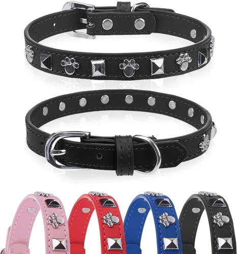 Miniatura 12 de Collar de cuero para perros pequeños, collar suave y ajustable con remaches de estrella y luna para perros machos y hembras, collares para cachorros