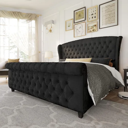 Miniatura 14 de AMERLIFE - Marco de cama tamaño King con plataforma, cama de estilo trineador tapizada en terciopelo con cabecero y pie de cama con alas onduladas