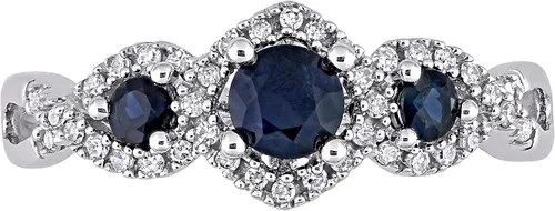 Miniatura 3 de Anillos de compromiso de oro blanco macizo de 10 quilates con zafiro azul de corte redondo para mujer, con engaste de garra de aniversario y boda
