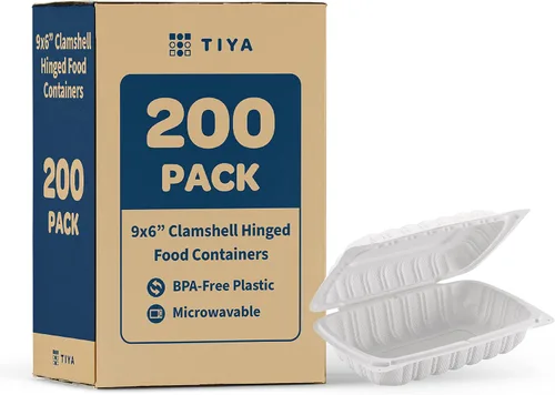 Miniatura 9 de TIYA - Recipientes de comida Clamshell color blanco, paquete de 150 unidades, 8 x 8 pulgadas, recipientes para llevar, plástico para microondas
