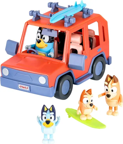 Bluey Heeler - Coche de juguete familiar 4WD para niños pequeños con 4 figuras, tablas de surf y hoja de calcomanías, juego de simulación, juguetes