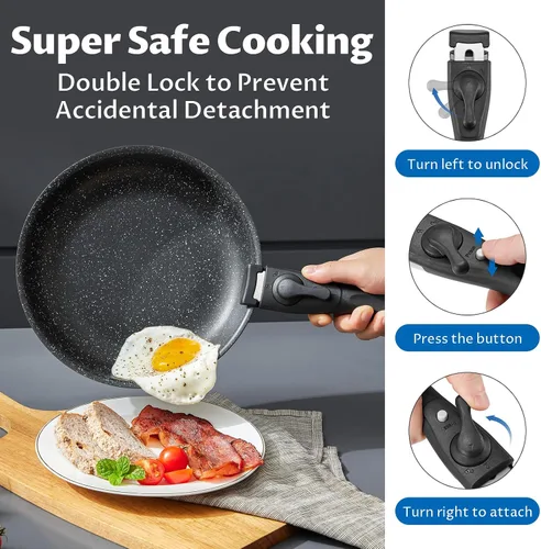 Miniatura 4 de BEZIA Juego de utensilios de cocina de inducción de 10 piezas, ollas y sartenes antiadherentes con asas extraíbles, para todas las encimeras, diseño