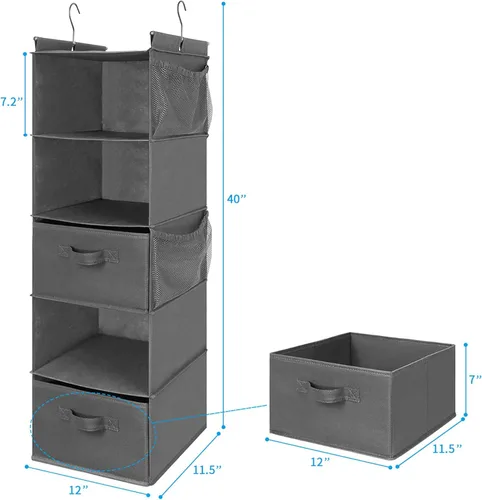Miniatura 3 de MAX Houser Organizador colgante de armario de 5 niveles, estante colgante de tela con 2 ganchos resistentes para almacenamiento, plegable (gris-D2)