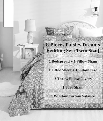 Miniatura 2 de DaDalogy Bedding - Juego de cama bohemio de 8 piezas en una bolsa, colcha de retazos de algodón floral marrón y verde con estampado de cachemira