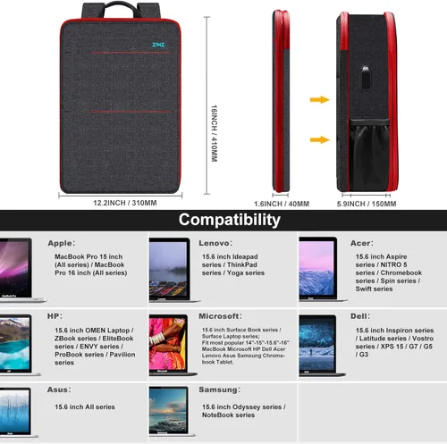 Miniatura 2 de ZINZ Mochila delgada y expandible para laptop con funda de 15, 15.6 y 16 pulgadas, bolsa resistente a derrames para notebooks, estuche