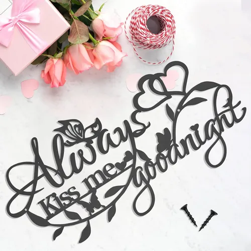 Miniatura 7 de KHayRovies Letrero de metal para decoración del hogar, texto en inglés "Always Kiss Me Goodnight", diseño de mariposas y corazón, esculturas