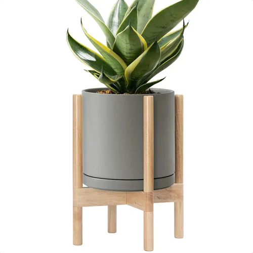 Miniatura 22 de D'vine Dev Maceta de cerámica con soporte de ébano – Maceta redonda moderna de 8 pulgadas con soporte para maceta de madera, color negro, 55-B-M-2