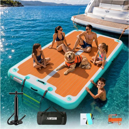 Miniatura 10 de AWSUM Plataforma de muelle inflable, superficie antideslizante de EVA de 8 a 15 pies, isla flotante resistente para lago, piscina, playa y océano