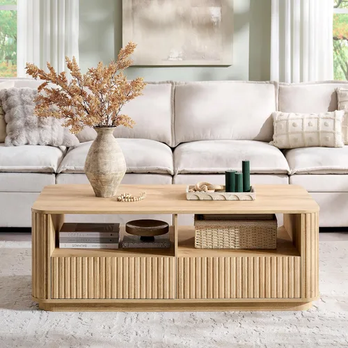 Miniatura 3 de ACCOHOHO Mesa de centro acanalada de 51 pulgadas con almacenamiento, mesa central grande y moderna con 2 cajones, mesa auxiliar rectangular de Roble