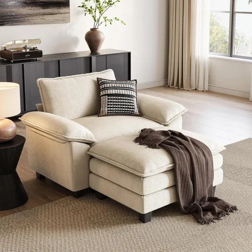 LINSY HOME Sillón de acento Cloud con otomán, silla lounge para interiores, sillón de sofá de pana para sala de estar, apartamento, habitación, Beige