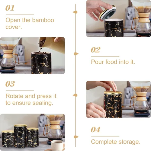 Miniatura 3 de Juego de Recipientes de Cerámica con Patrón Dorado de Metal para Encimera de Cocina - Un Juego de 3 Recipientes de Cocina con Estante Escalonado