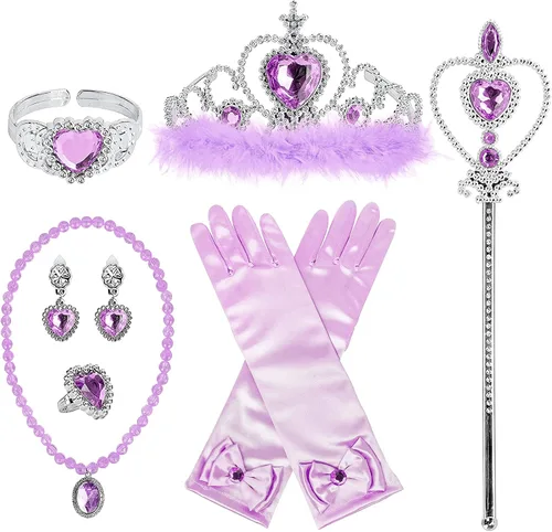Miniatura 8 de Accesorios de disfraz de princesa BIBUTY, juego de 7 piezas para niñas pequeñas con corona de princesa, varita, guantes, collar, aretes, pulsera